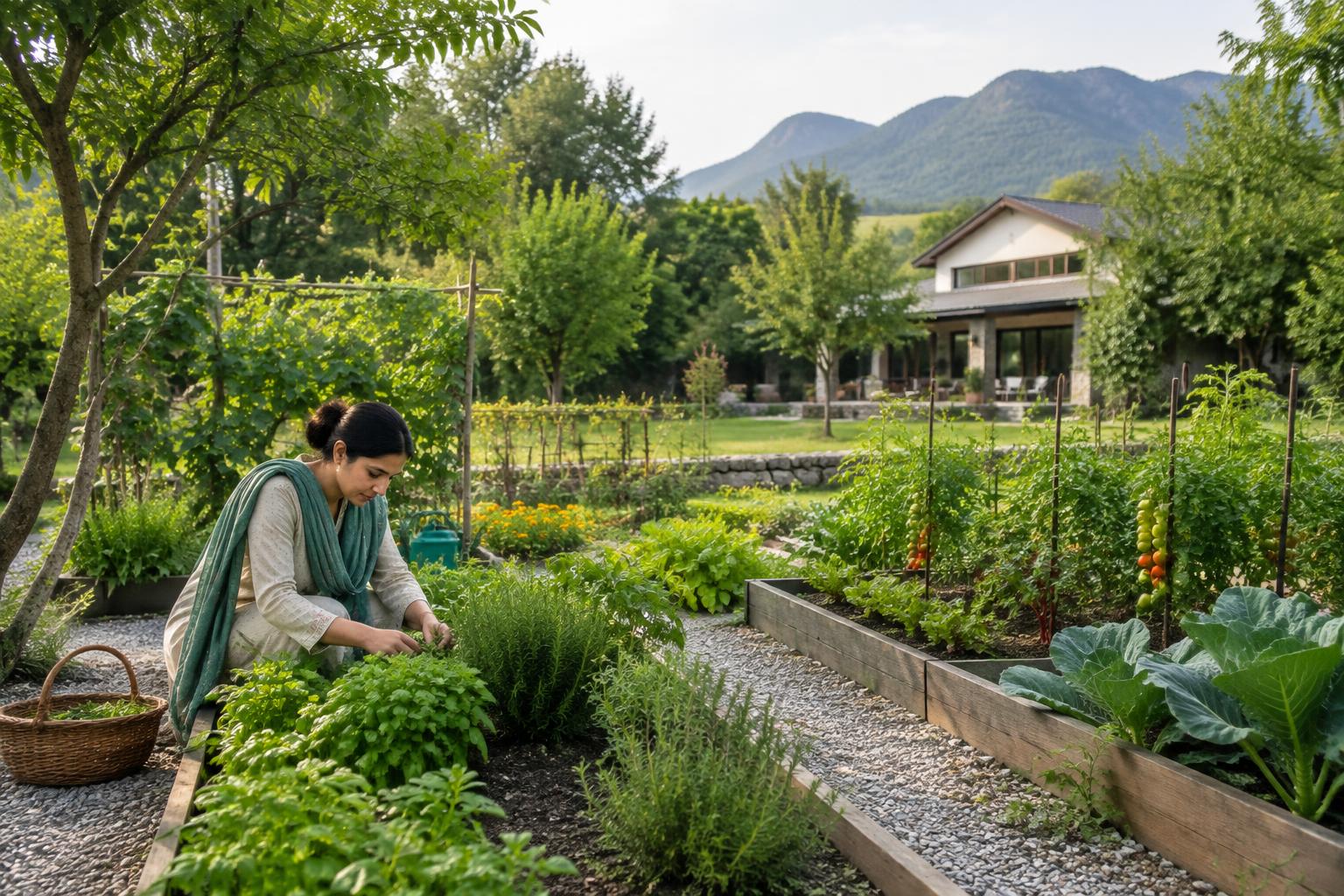 Gardener tending a productive farmhouse kitchen garden